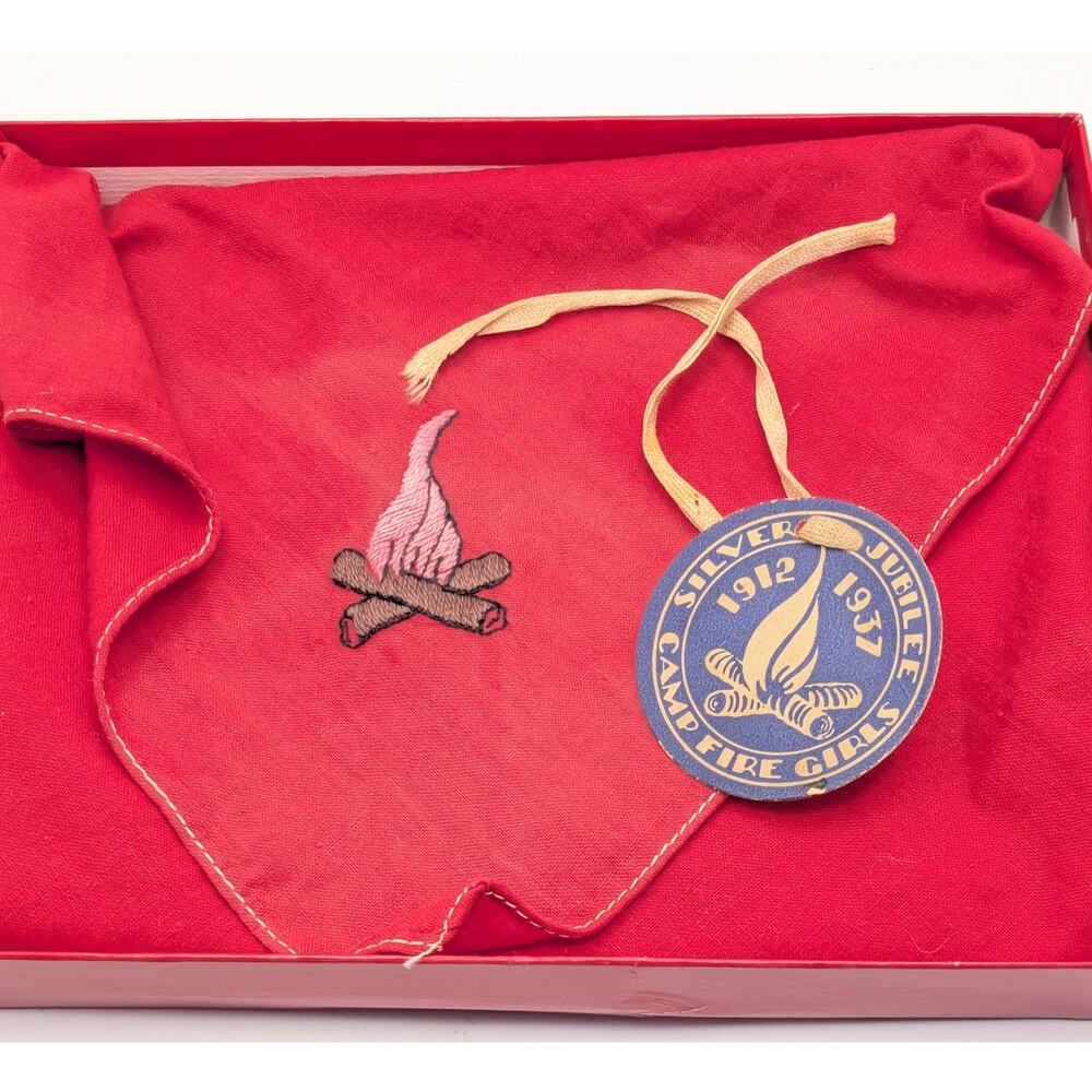 1937 Camp Fire Girls Silver Jubilee Scarf Commemorative Card Box Set Vintage